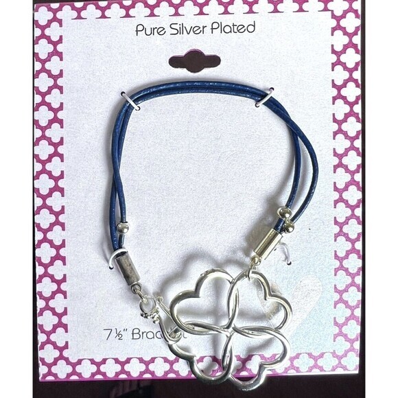 Women's 7.5" Pure Silver-Plated Bracelet with Two Thin Dark Blue Leather Strands - Picture 1 of 3